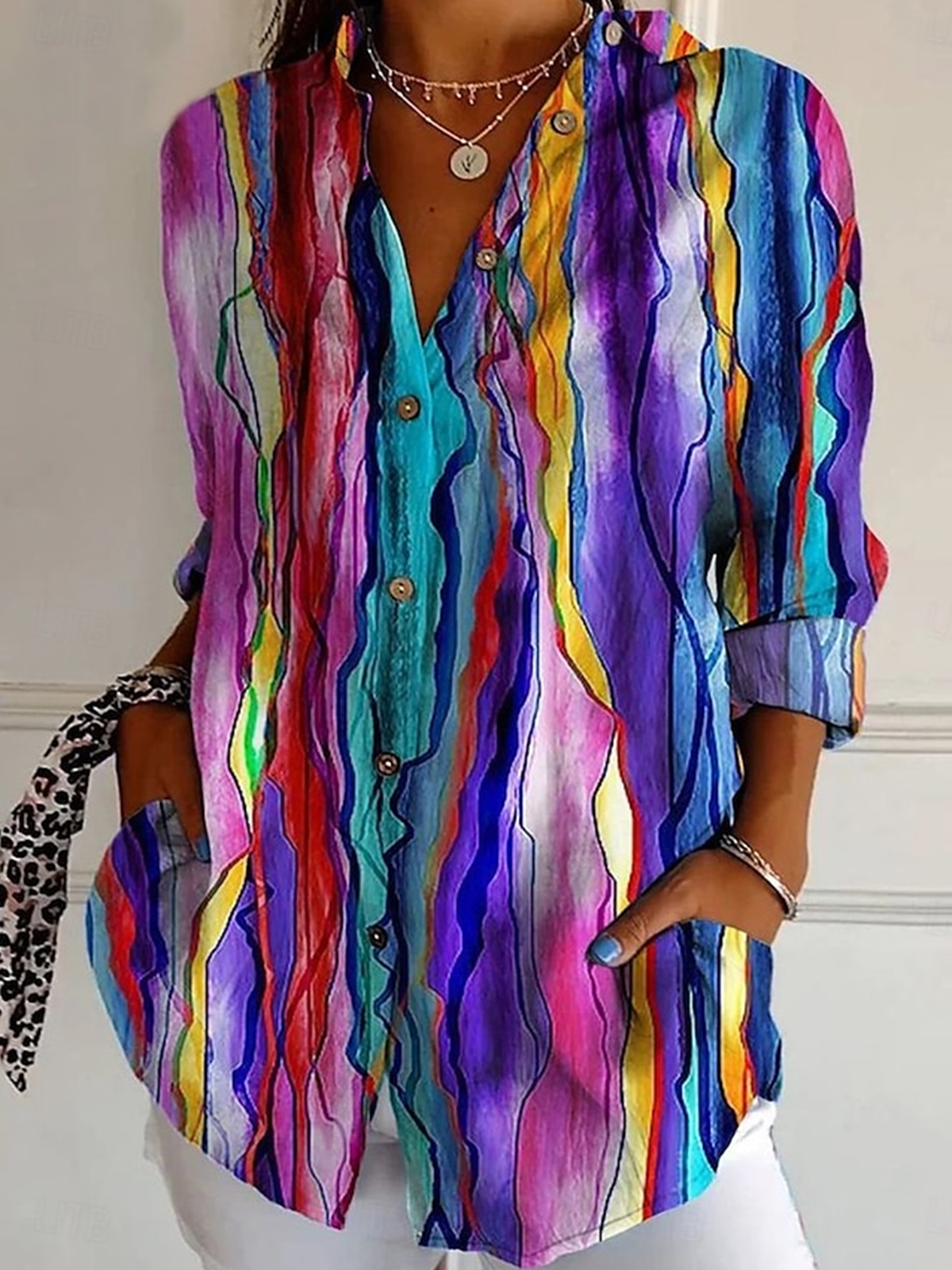 Shirt Collar Long Sleeve Geometric Regular Micro-Elasticity Regular Fit Shirt For Women