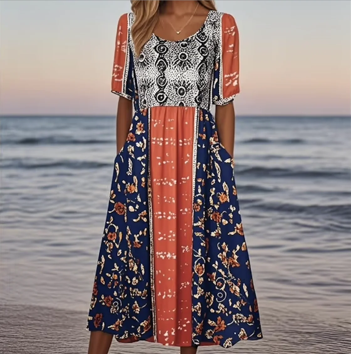 Women Floral Crew Neck Short Sleeve Comfy Casual Maxi Dress