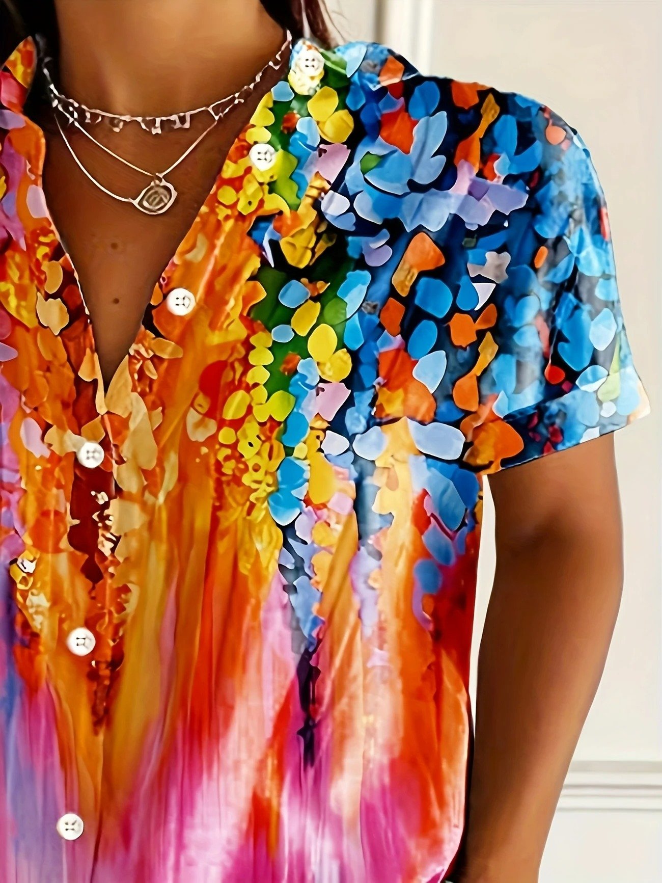 Shirt Collar Short Sleeve Abstract Regular Micro-Elasticity Regular Fit Shirt For Women