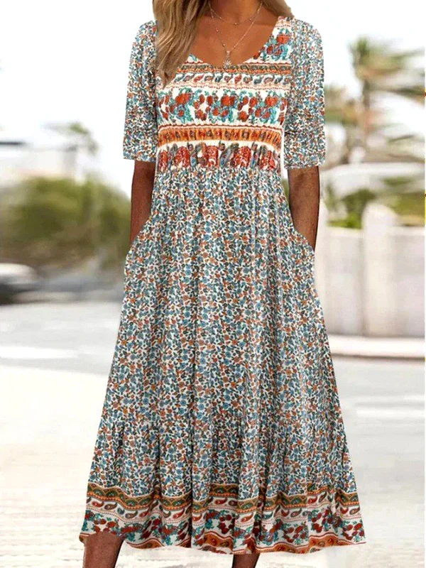 Women Floral Crew Neck Short Sleeve Comfy Casual Maxi Dress