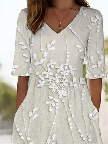 Women Floral V Neck Half Sleeve Casual Summer Jumpsuit