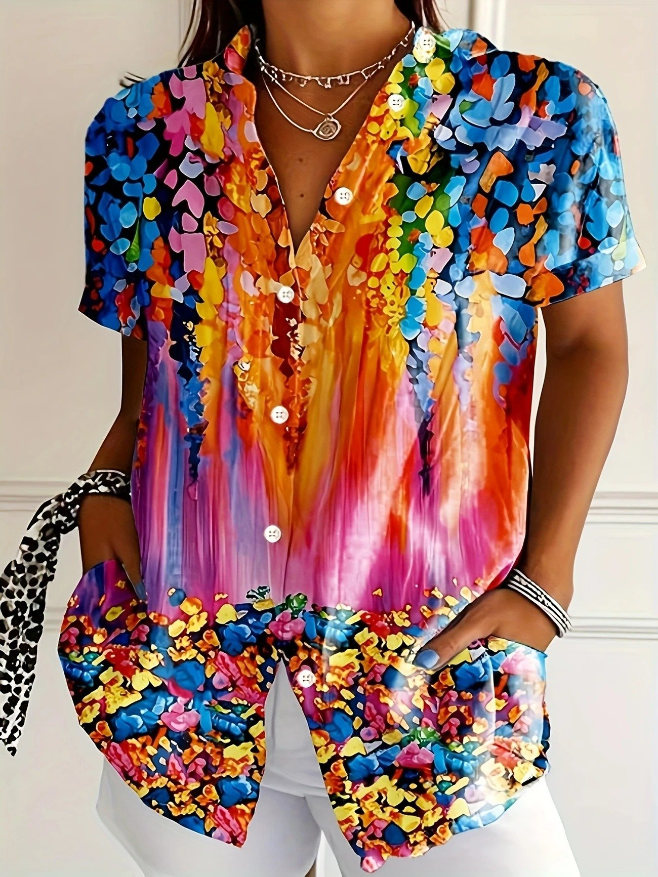 Shirt Collar Short Sleeve Abstract Regular Micro-Elasticity Regular Fit Shirt For Women