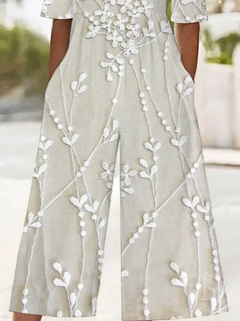 Women Floral V Neck Half Sleeve Casual Summer Jumpsuit