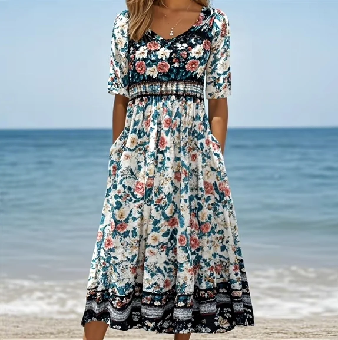 Women Floral Crew Neck Short Sleeve Comfy Casual Maxi Dress