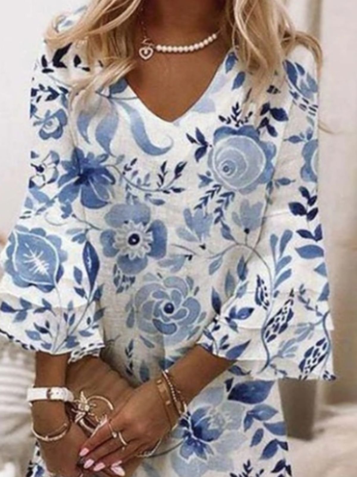 Women Boho Sundress Floral Print V Neck Half Sleeve Comfy Midi Dress