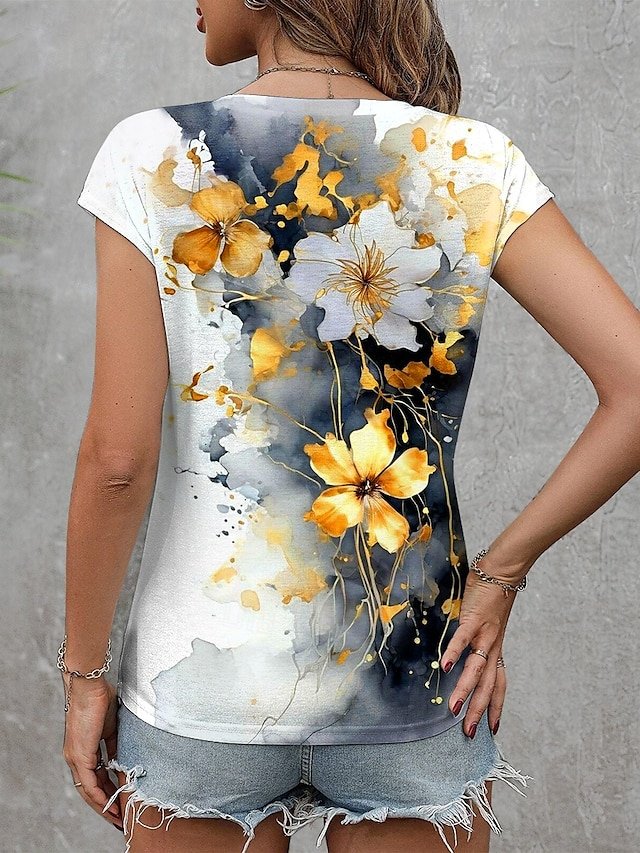 Casual Floral V Neck Short Sleeve T-shirt