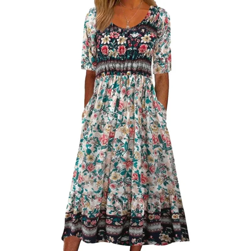 Women Floral Crew Neck Short Sleeve Comfy Casual Maxi Dress