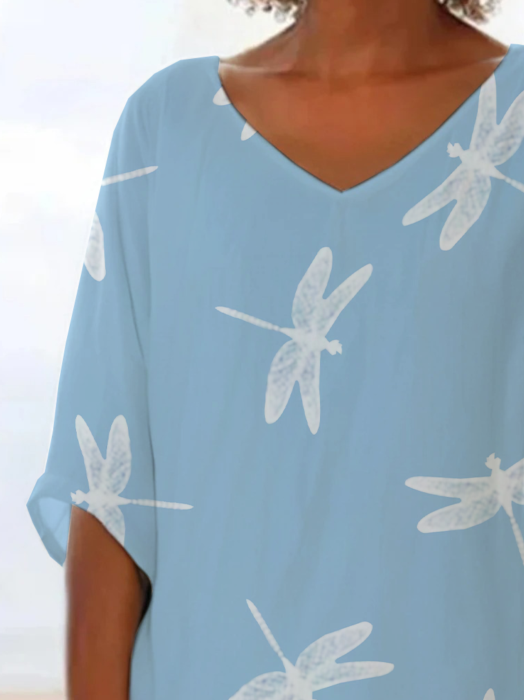 V Neck Short Sleeve Dragonfly Printing Regular Loose Shirt For Women