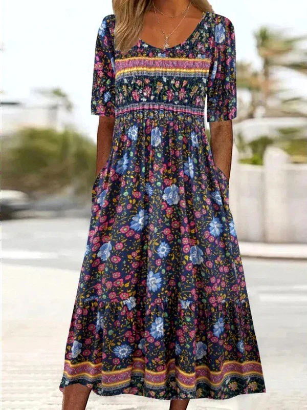 Women Floral Crew Neck Short Sleeve Comfy Casual Maxi Dress