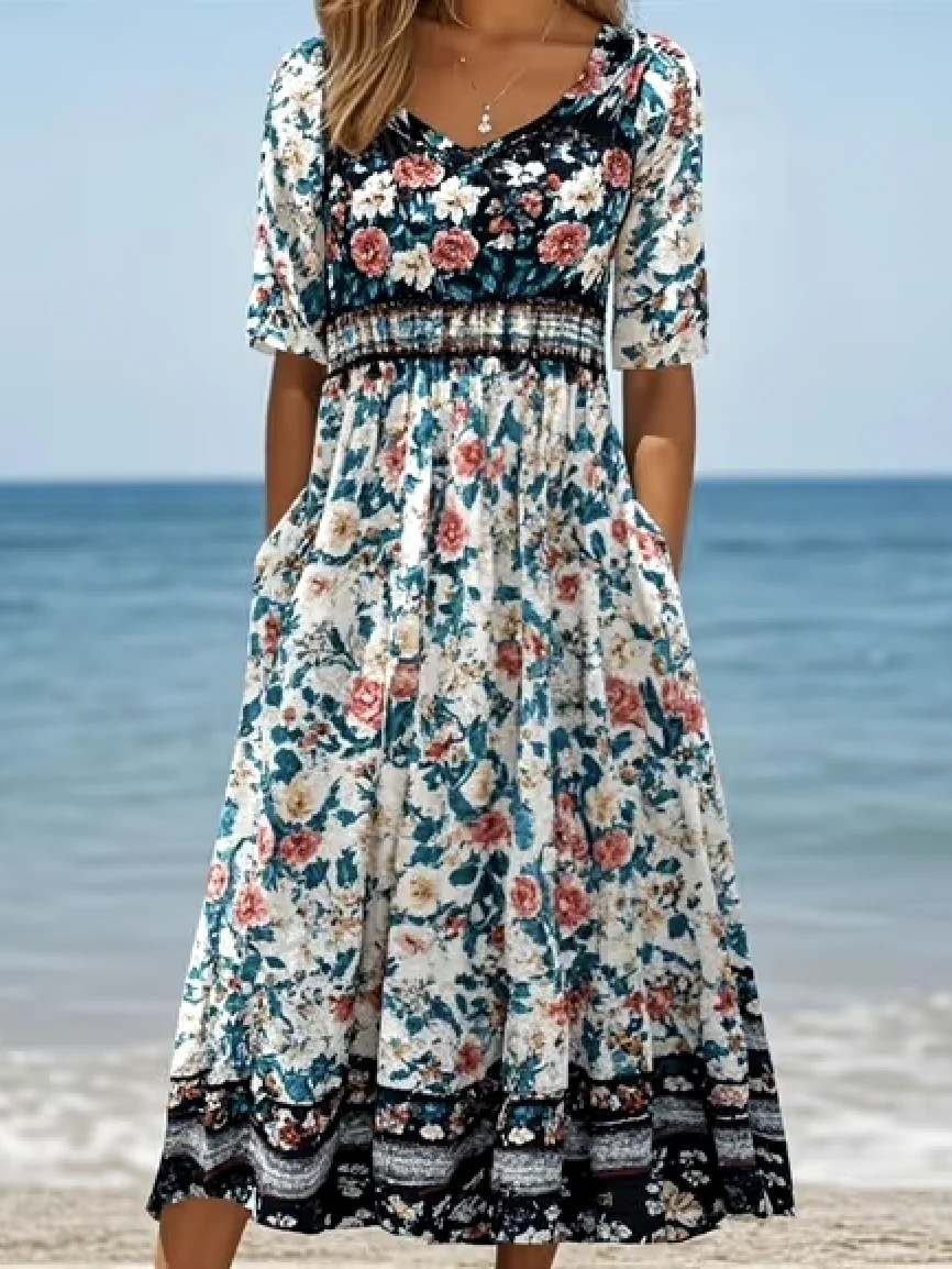 Women Floral Crew Neck Short Sleeve Comfy Casual Maxi Dress