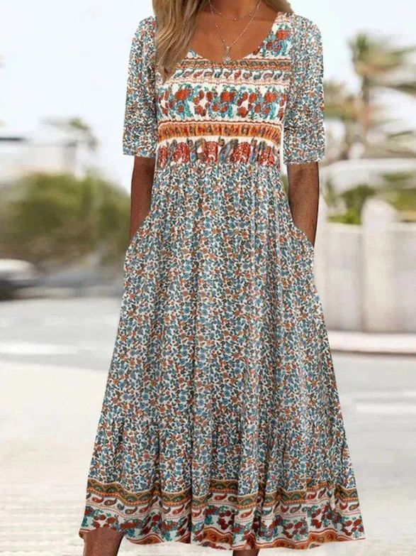 Women Floral Crew Neck Short Sleeve Comfy Casual Maxi Dress