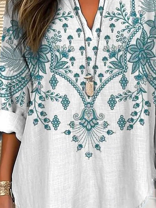 Shawl Collar Half Sleeve Nationality/ethnic Regular Loose Blouse For Women