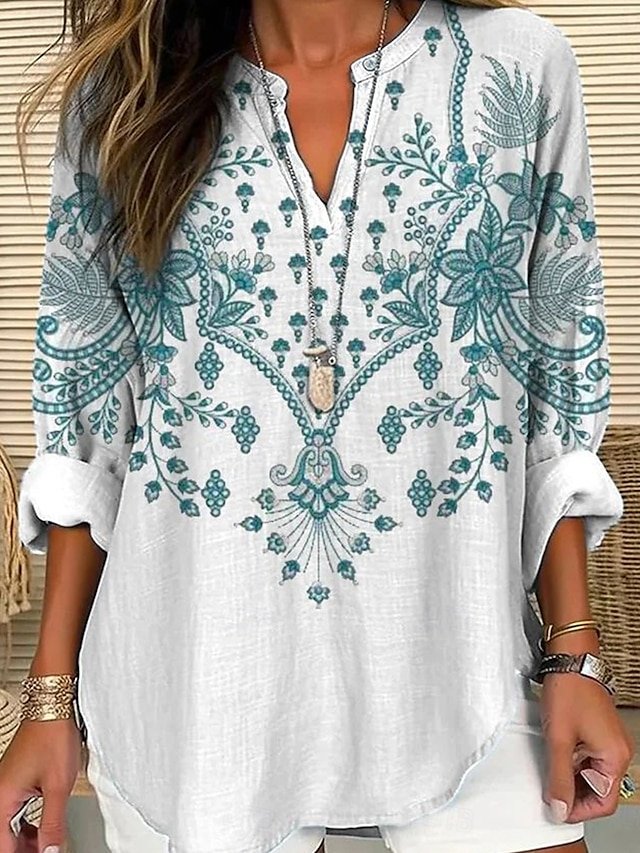Shawl Collar Half Sleeve Nationality/ethnic Regular Loose Blouse For Women