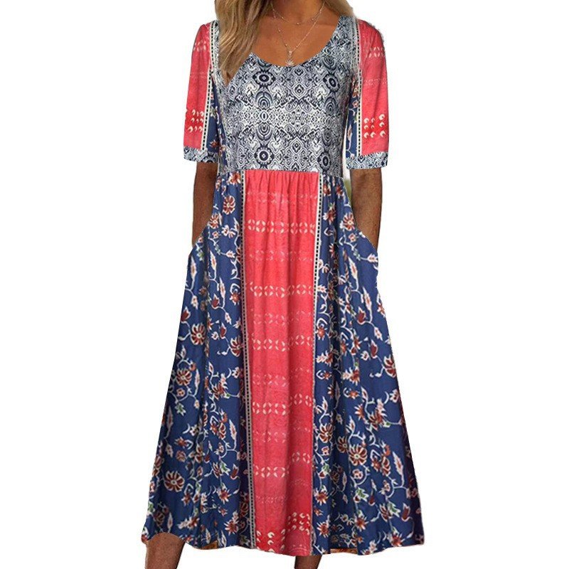 Women Floral Crew Neck Short Sleeve Comfy Casual Maxi Dress