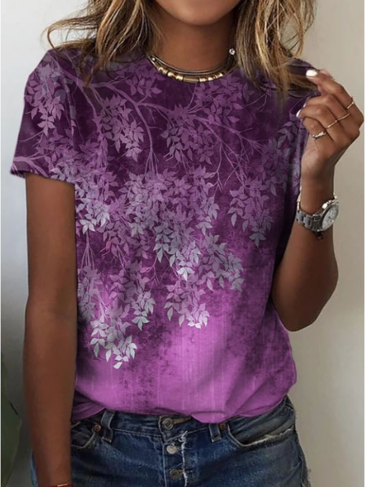 Casual Leaves Print Crew Neck Short Sleeve Comfy T-shirt