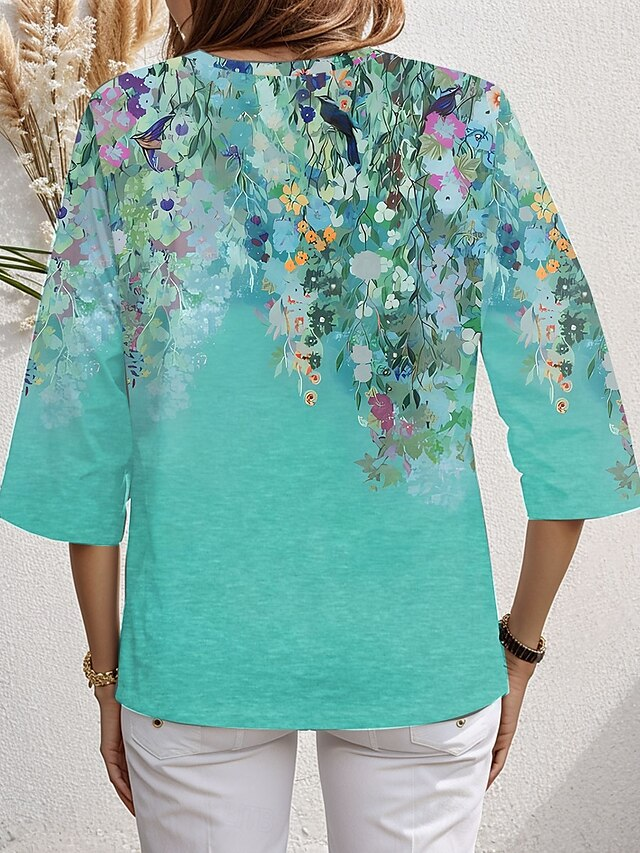 V Neck Long Sleeve Floral Regular Loose Blouse For Women