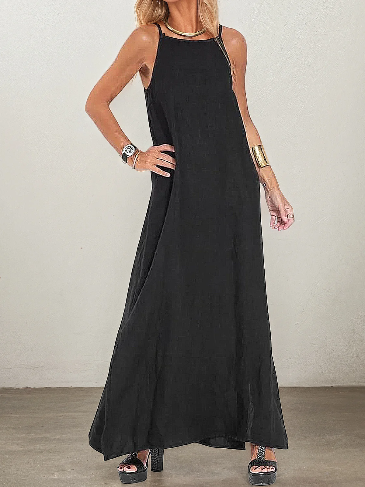 Women Plain Square Neck Sleeveless Comfy Vacation Pocket Stitching Maxi Dress