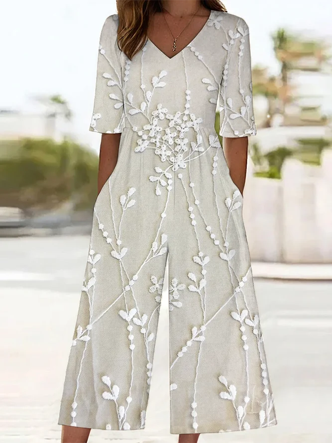 Women Floral V Neck Half Sleeve Casual Summer Jumpsuit