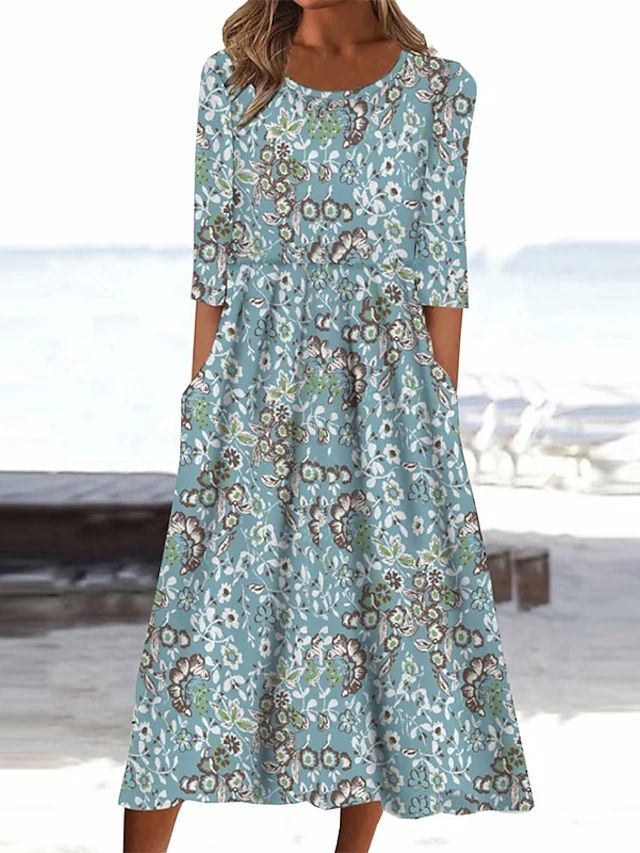 Women Floral Crew Neck Half Sleeve Comfy Casual Printing Maxi Dress