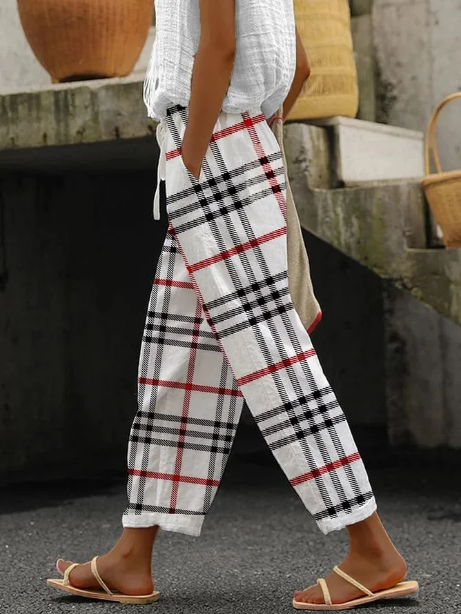 Casual Plaid Printing Comfy Cotton Long Pants