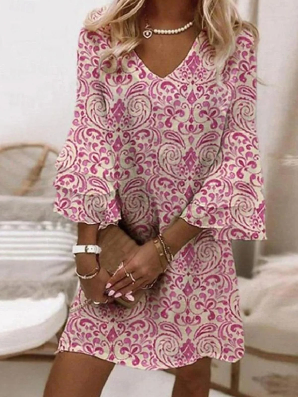 Women Boho Sundress Floral Print V Neck Half Sleeve Comfy Midi Dress