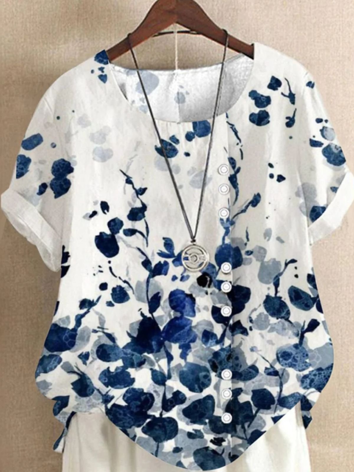 Crew Neck Short Sleeve Floral Art Print Casual Comfy Blouse For Women