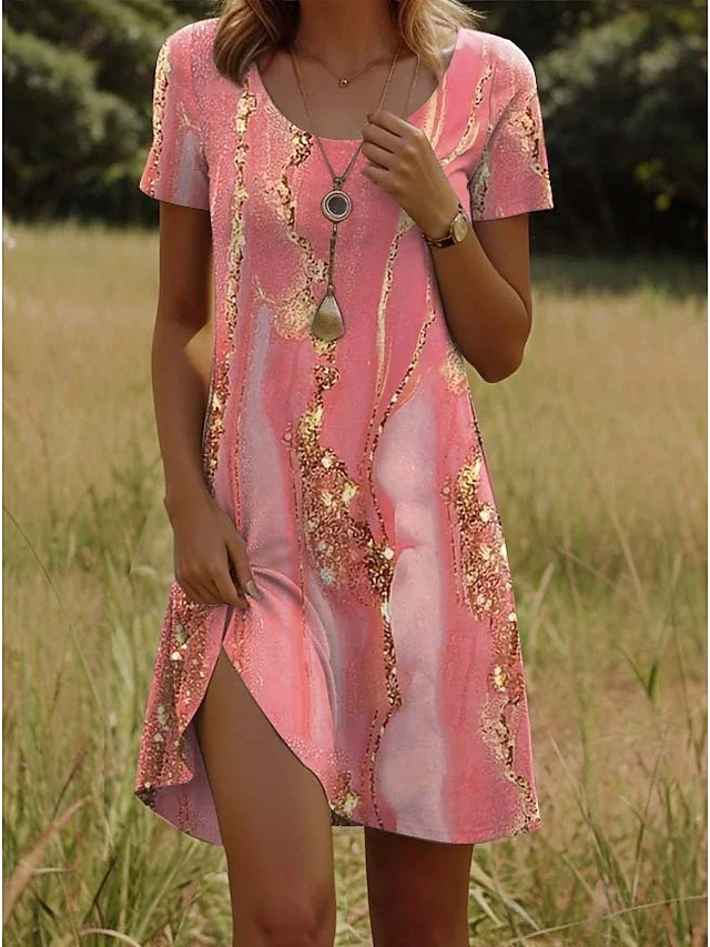 Women Abstract Crew Neck Short Sleeve Comfy Casual Printing Mini Dress
