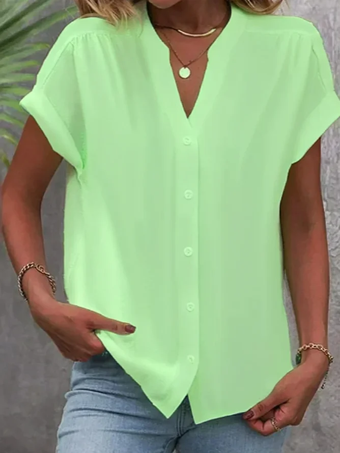 V Neck Short Sleeve Plain Buckle Regular Micro-Elasticity Regular Fit Button Up Shirt Shirt For Women