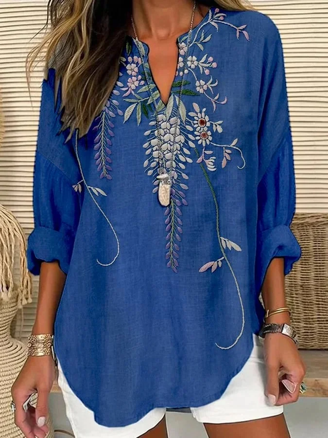 Shawl Collar Half Sleeve Floral Regular Loose Blouse For Women