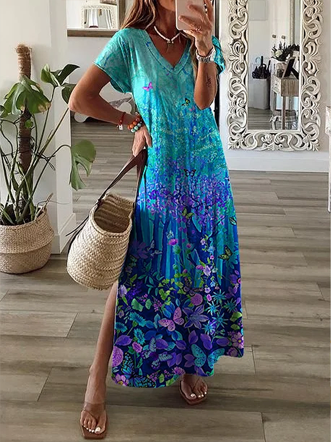 Women Floral V Neck Short Sleeve Comfy Casual Printing Maxi Dress
