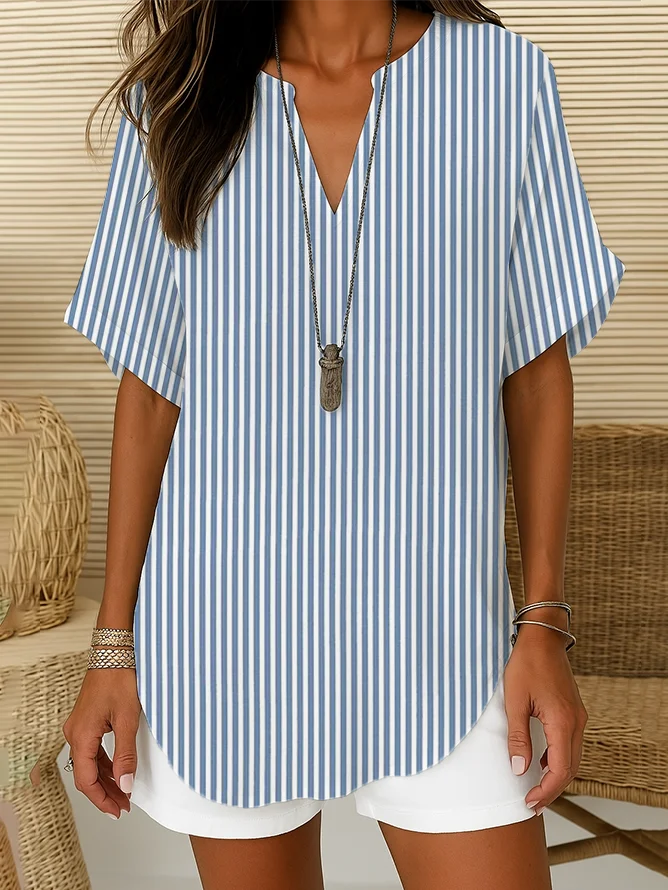 V Neck Short Sleeve Striped Printing Regular Loose Shirt For Women