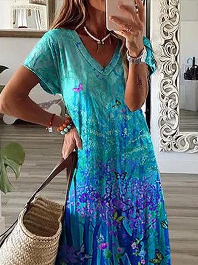 Women Floral V Neck Short Sleeve Comfy Casual Printing Maxi Dress