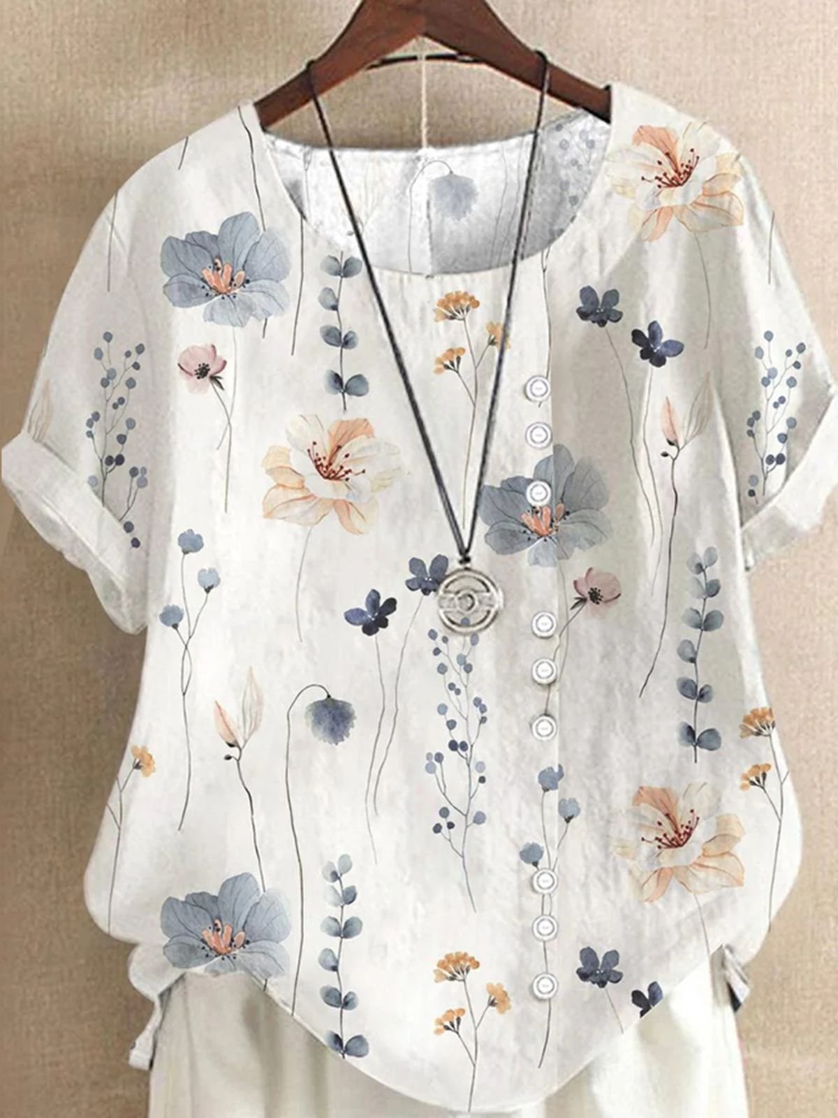 Casual Crew Neck Short Sleeve Floral Art Print Comfy Blouse For Women