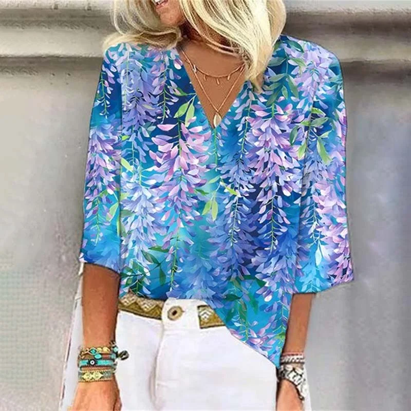 Shawl Collar Half Sleeve Floral Regular Loose Blouse For Women