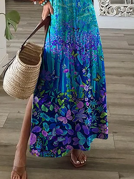 Women Floral V Neck Short Sleeve Comfy Casual Printing Maxi Dress