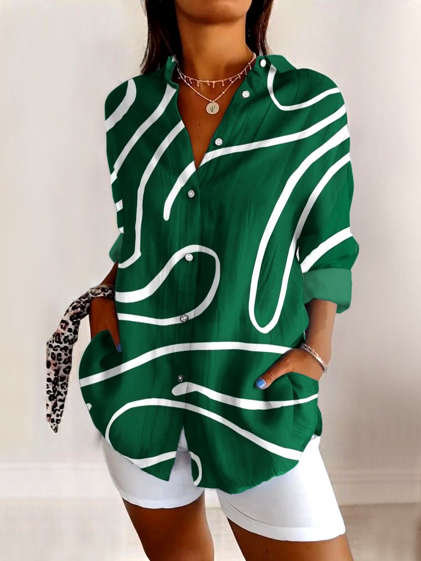 Shirt Collar Long Sleeve Geometric Regular Micro-Elasticity Regular Fit Shirt For Women