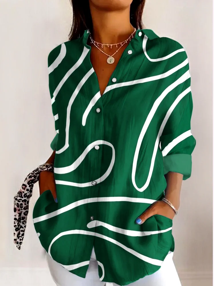 Shirt Collar Long Sleeve Geometric Regular Micro-Elasticity Regular Fit Shirt For Women