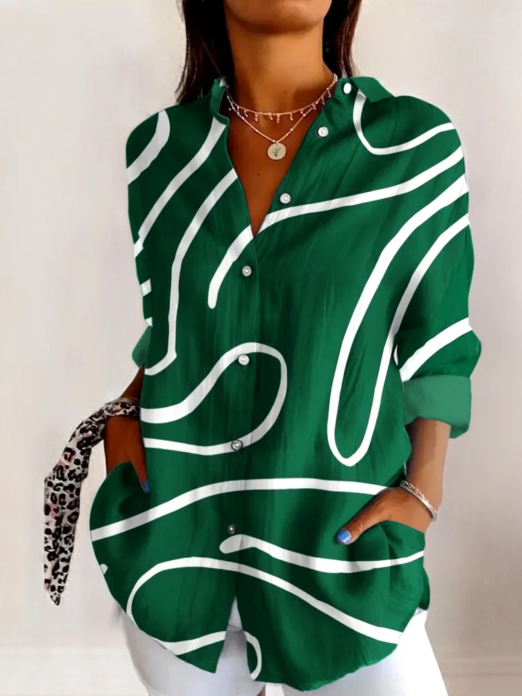 Shirt Collar Long Sleeve Geometric Regular Micro-Elasticity Regular Fit Shirt For Women