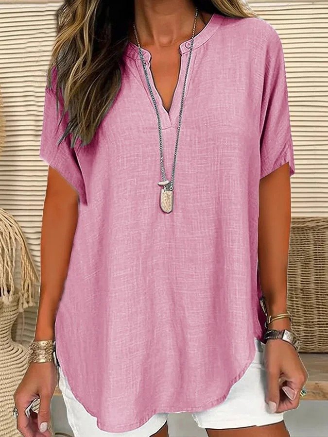 Shawl Collar Half Sleeve Plain Regular Loose Blouse For Women