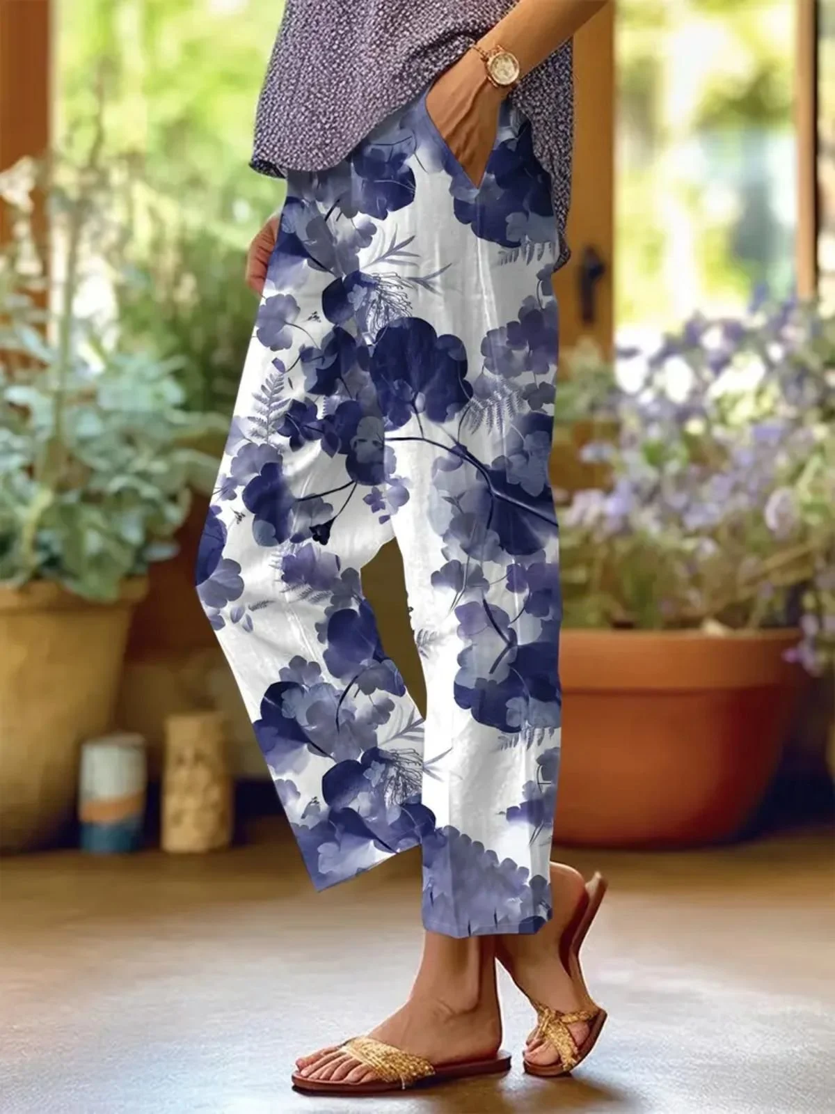 Casual Cotton Floral Art Print Comfy Long Pants