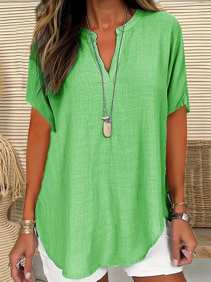 Shawl Collar Half Sleeve Plain Regular Loose Blouse For Women