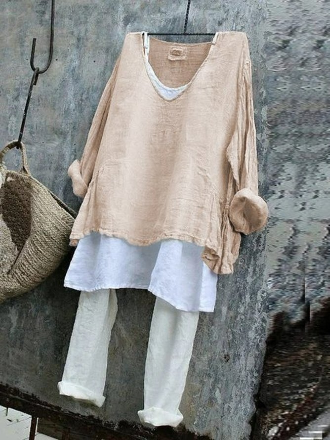 Vintage Plain V Neck Long Sleeve T-shirt