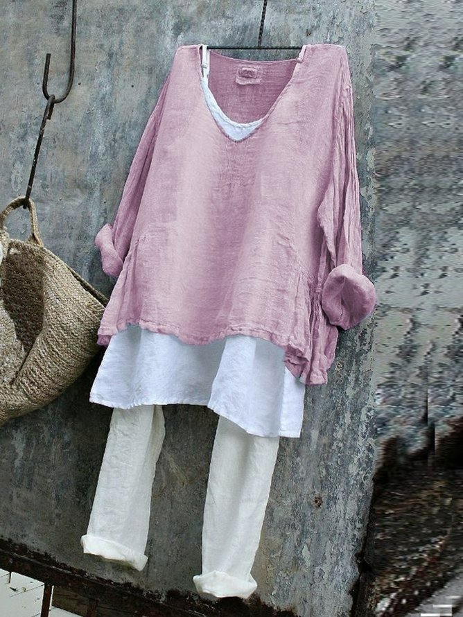 Vintage Plain V Neck Long Sleeve T-shirt