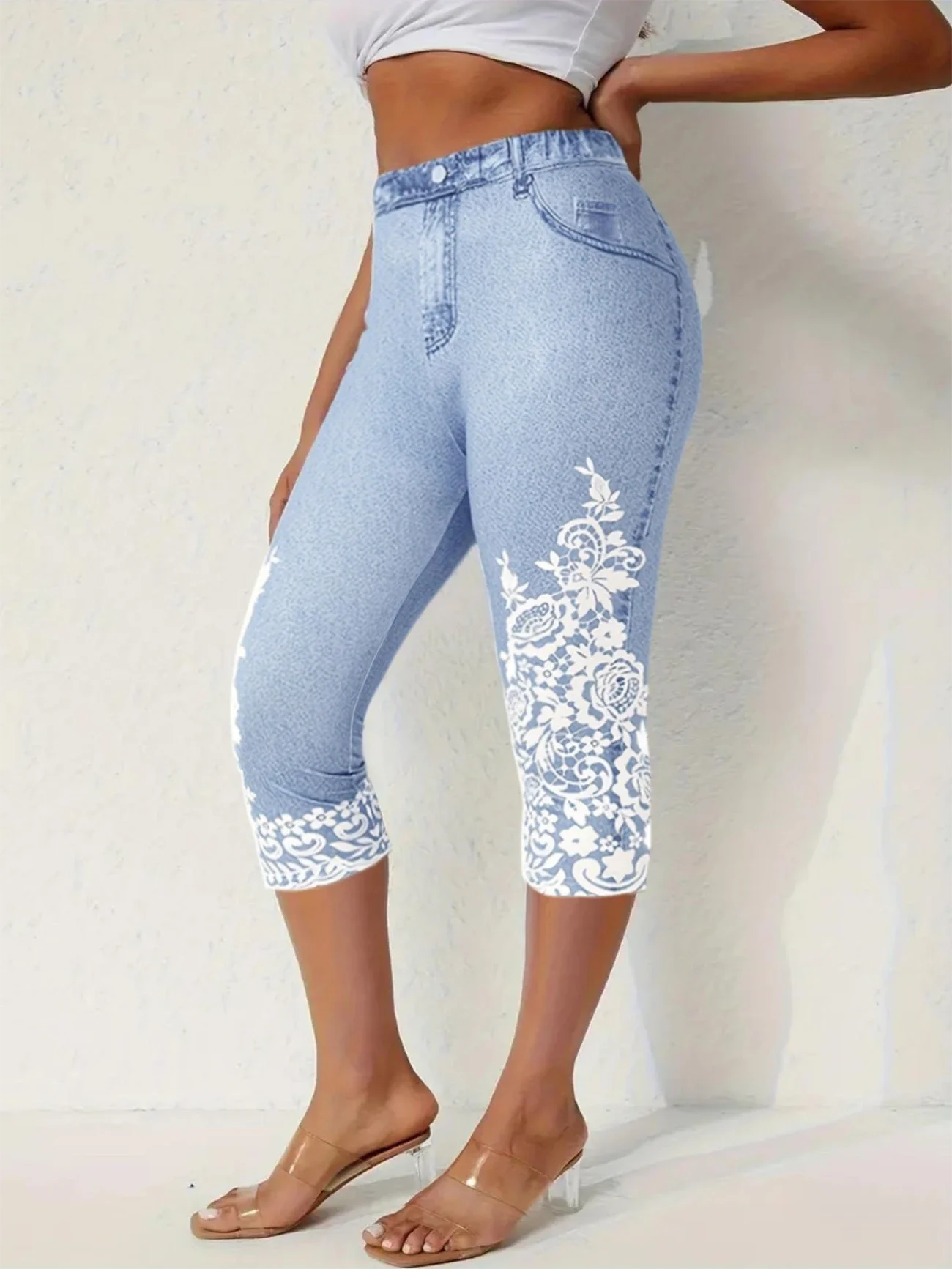 Casual 3D Printing Capris Elastic Waist Pant