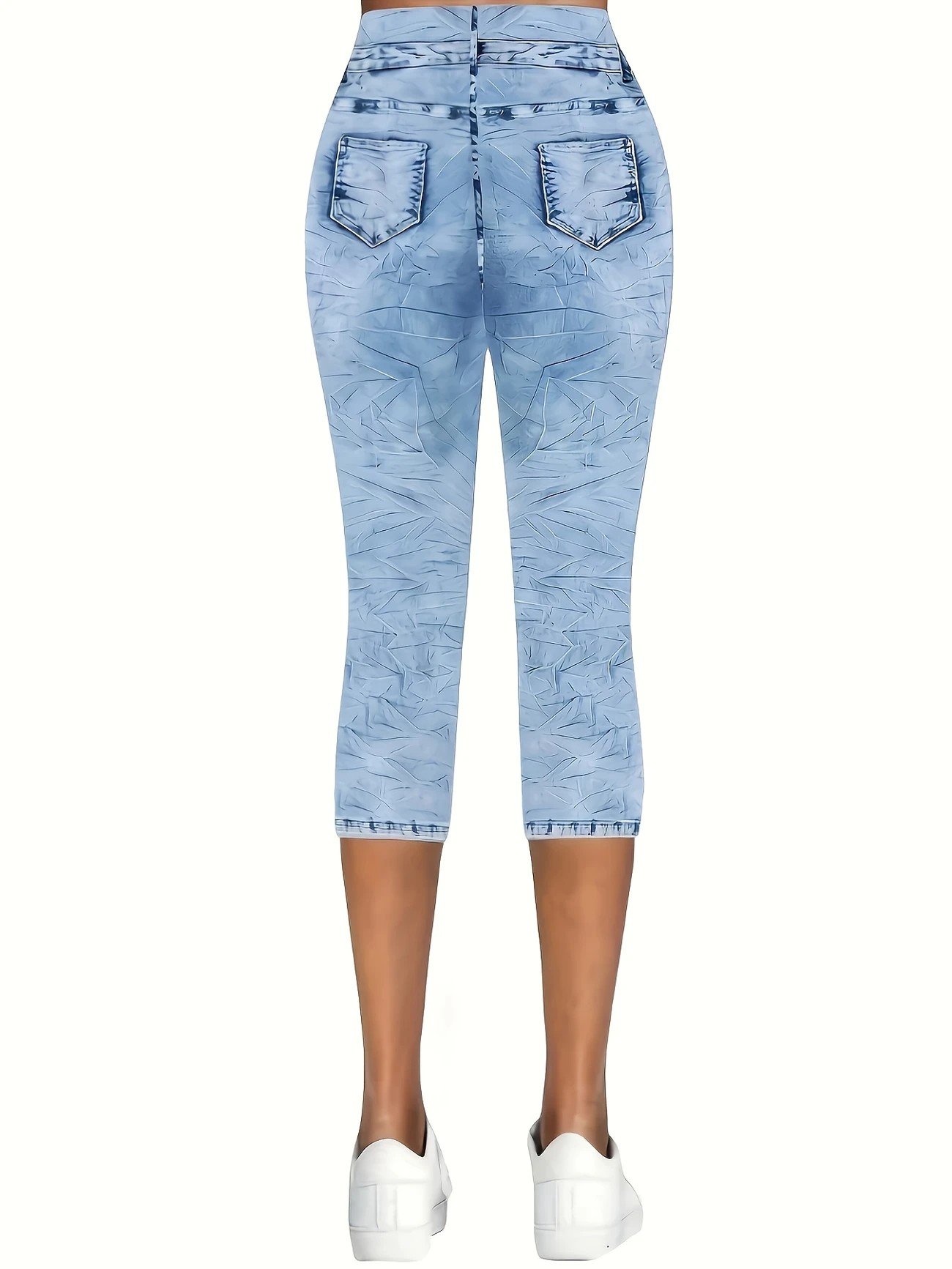 Casual Faux Denim Print Graphic Capris Elastic Waist Pant