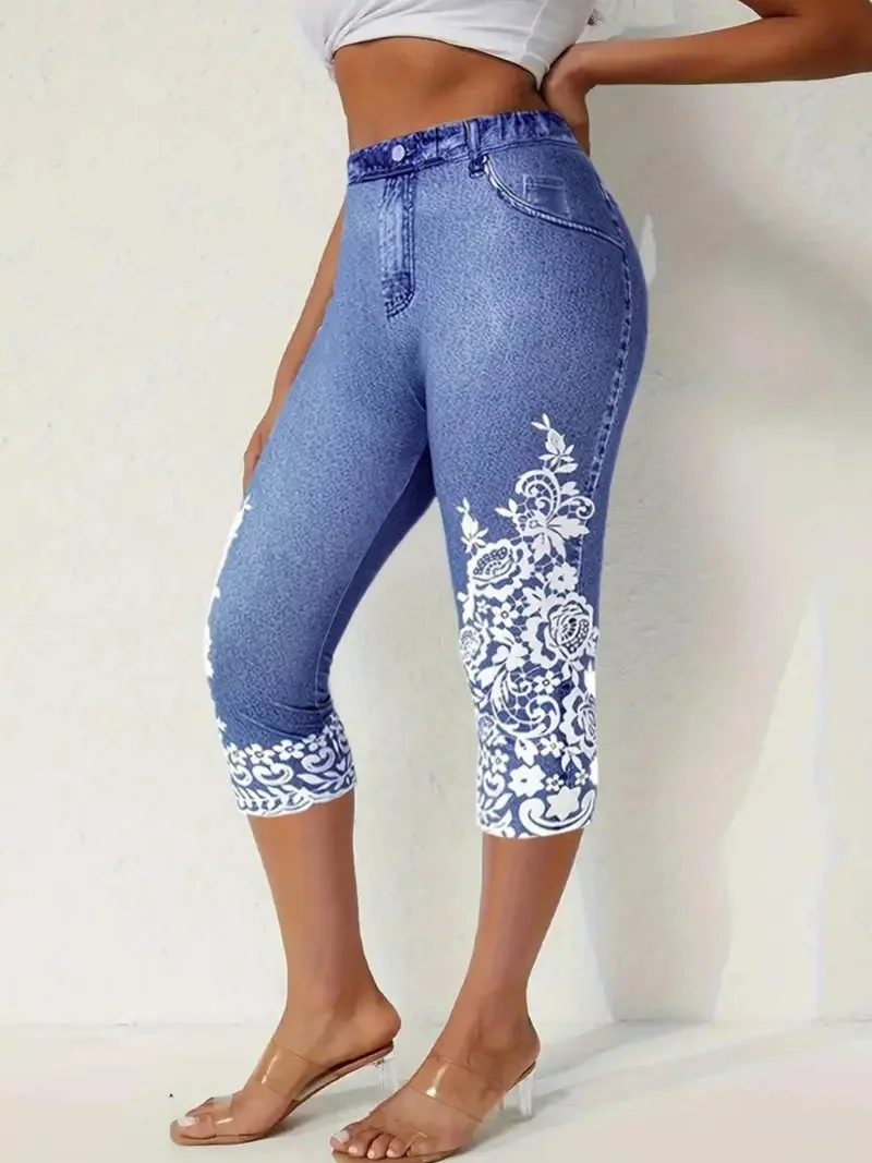 Casual 3D Printing Capris Elastic Waist Pant