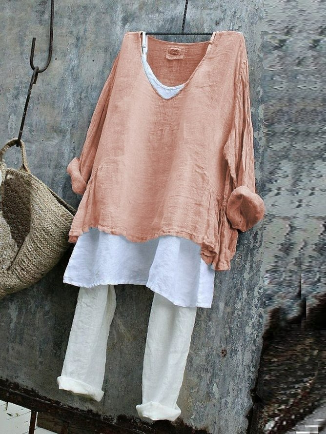 Vintage Plain V Neck Long Sleeve T-shirt