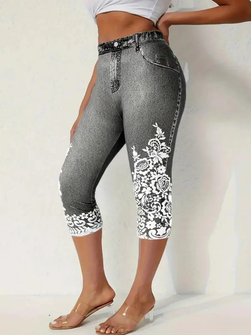 Casual 3D Printing Capris Elastic Waist Pant