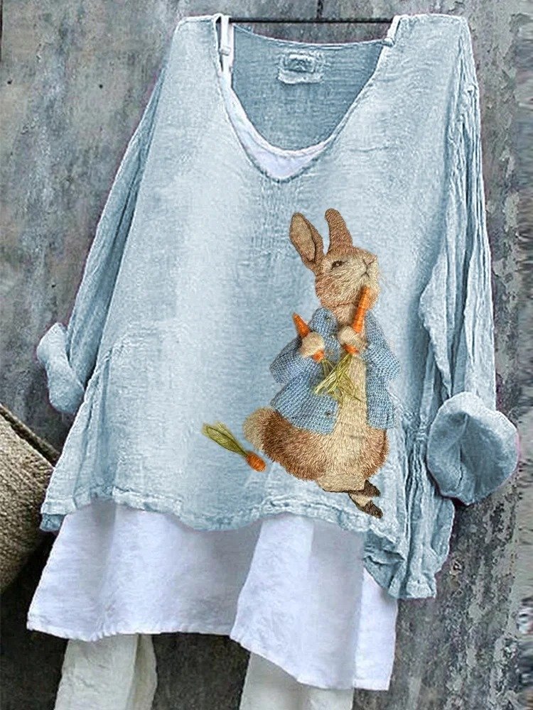 Vintage Easter (rabbit) V Neck Long Sleeve T-shirt