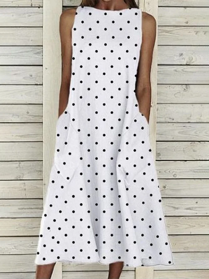 Women Polka Dots Crew Neck Sleeveless Comfy Casual Printing Maxi Dress